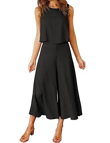 ROYLAMP Women's Summer 2 Piece Outfits Round neck Crop Basic Top Cropped Wide Leg pants Set Jumpsuits Black, Large