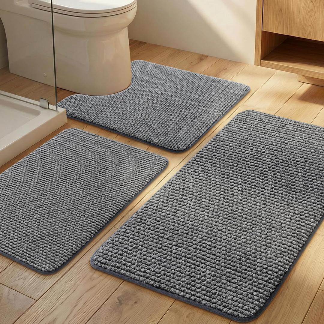 YIHOUSE Bathroom Rugs Set 3 Piece, Extra Soft Absorbent Chenille Bath Mats & U-Shaped Contour Toilet Rug, Non Slip Machine Washable Bath Mat for Shower Tub Sink, Dark Grey