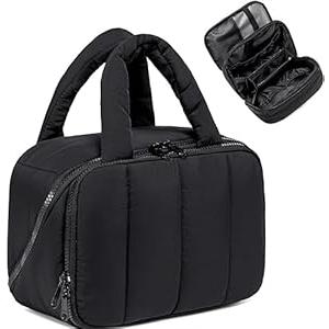CAMTOP Travel Toiletry Bag for Women Travel Toiletry Organizer Lightweight Large Wide-open Makeup Bag Large Capacity Qulited Cosmetic Bag Puffy for Essentials Organizer (Black)