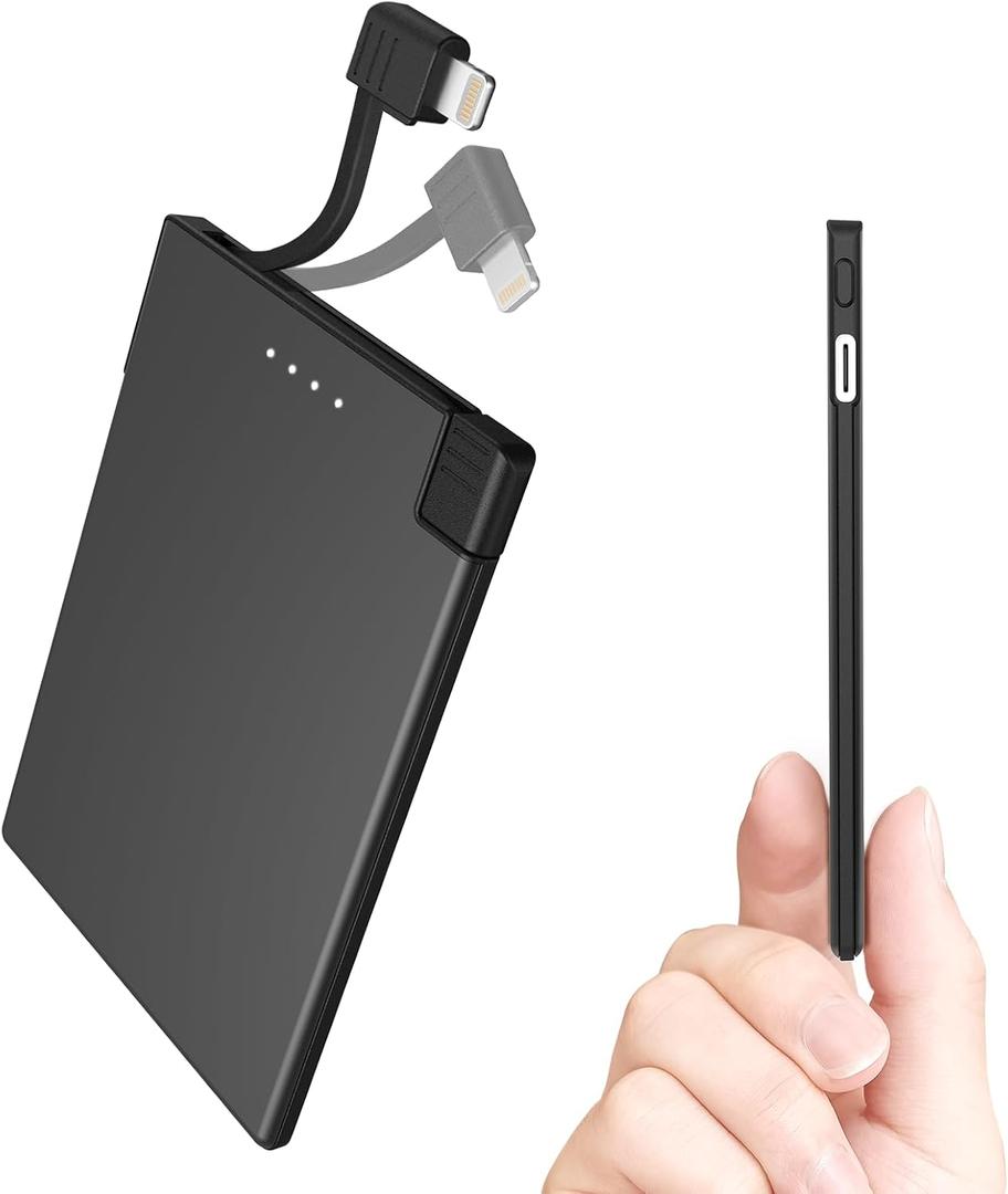 TNTOR Thin Portable Phone Charger with Built in Lightning Cable-3500mAhUltra Slim Travel Power Bank for Pocket Wallet Compatible with iPhone 14/13/12/11/X/8 Series (Not for iPhone 15 16 Series)