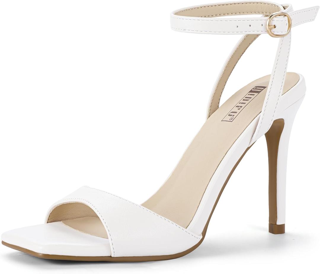 IDIFU IN4 High Stiletto Heels Square Peep Open Toe Strappy Heeled Sandals Wedding Bridal Prom Party Evening Dress Shoes for Women Comfortable Dressy Cute Sexy Ankle Strap Heels (7, White Pu)