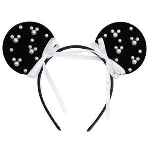 Trnerm Black Fuzzy Mouse Ears Headband for Women, Cute Beads Headband with Bows，Halloween Costume Accessory