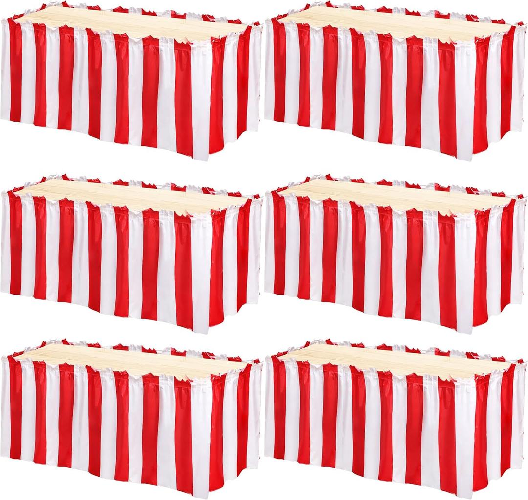 Yopay 6 Pack Table Skirt, 14' x 29" Carnival Tablecloth, Striped Red and White Water Proof Table Skirt, Self Adhesive Theme Circus Home Decoration Birthday Party Supplies