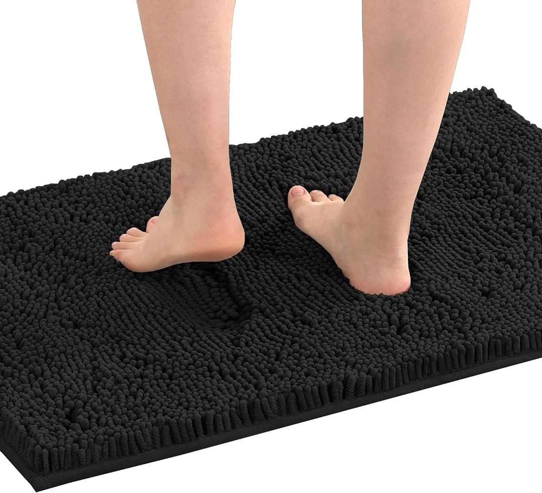 H.VERSAILTEX Bath Mat Bath Rug for Bathroom Luxury Chenille Bathroom Rug Mat Extra Soft and Absorbent Microfiber Shaggy Rugs Non Slip Rug Quick Dry Bath Mat Washable, 20 x 32 Inches, Black