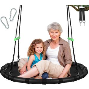 Black Hanging Tree Swing with Detachable Frame,PP Mat,Adjustable Multi-Strand Ropes,Safe and Durable Saucer Swing for Yard Garden Playground Park (40 inch Diameter, Black with 2 Extra Straps) (Black With 2x 5ft Extra Straps)