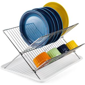 Youeon Foldable Dish Drying Rack with Drip Tray, Stainless Steel 2 Tier Dish Drainer Rack, Collapsible Dish Drainer, Folding Dish Rack for Kitchen Sink, Countertop, Cutlery, Plates, Dishes