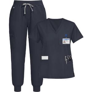 Scrubs for Women Set, Stretchy V-Neck Top & Jogger Pants with Multi-Pocket Yoga Waistband, XL