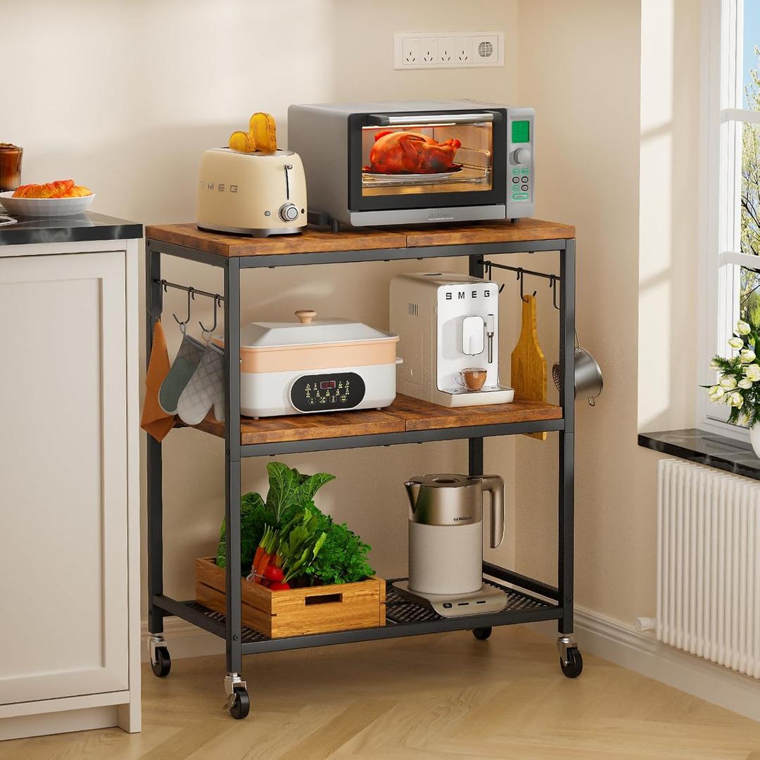 3 Tier Rolling Kitchen Microwave Cart with 6 Hooks, Utility Cart Storage Table Stand on Lockable Wheels, Small Coffee Shelf Rack Organizer,Brown