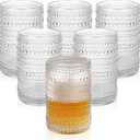 Vintage Glassware Drinking Glasses Set of 6,15 oz Hobnail Glass Cups,Embossed Clear Water Tumbler,for Beer,Cocktail,Whiskey,Juice and Various Mixed Drinks- 1 Cleaning Brush