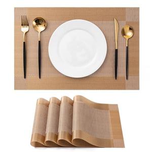 CADONO Placemats Set of 4 Washable Indoor/Outdoor Vinyl Place Mats for Dining Table Durable Non-Slip Heat Resistant PVC Weave Table Mats（Gold Cube）