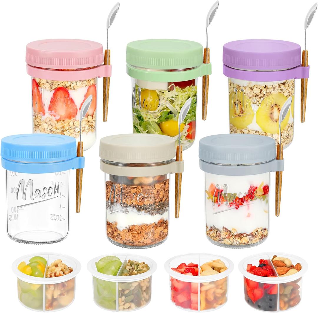 Xyptorix 6 Pack Overnight Oats Containers with Lids and Spoons, 16 oz Mason Jars with Removable Separate Compartments, Airtight and Leak-Proof Glass Jars for Chia Pudding, Yogurt, and Oatmeal