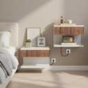 Floating Nightstand Set of 2 with Charging Station  Modern White Wall Mounted Bedside Tables with Walnut Fluted Drawers  Mid Century Nightstands for Bedroom, Small Spaces, Retro MCM Style