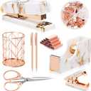 Rose Gold Marble Desk Accessories, Office Supplies Set Stapler Staple Remover, Tape Holder, Pen 2 Ballpoint Pen, Scissor, Binder Clips, Paper Clips and 1000pcs Staples