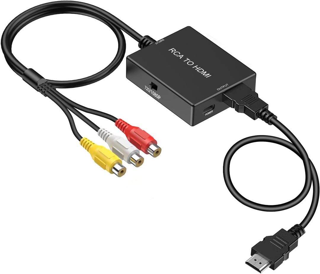 RCA to HDMI Adapter Converter, AV to HDMI Converter with HDMI Cable Supports PAL/NTSC for PS2/VHS/VCR/Blue-Ray DVD ect.
