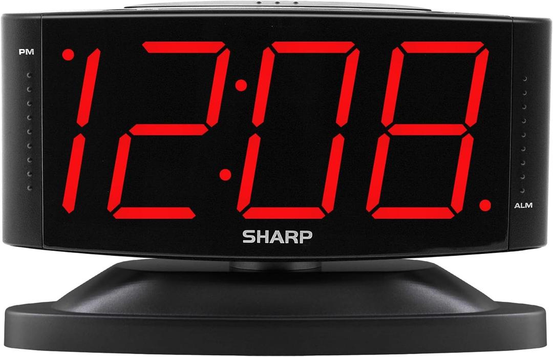 Sharp Home LED Digital Alarm Clock Swivel Base - Outlet Powered, Simple Operation, Alarm, Snooze, Brightness Dimmer, Big Green Digit Display, (Midnight Black - Red LED)