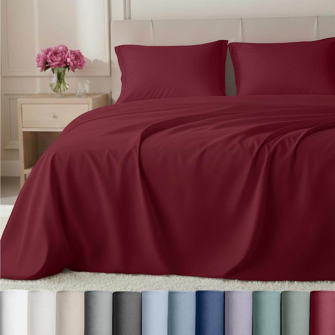 California Design Den Split King Sheets Set - Luxury Hotel 800 Thread Count Sateen, Soft and Natural 100% Cotton Sheets, Deep Pockets for a Snug Fit, Durable Bedding Set - RedWine