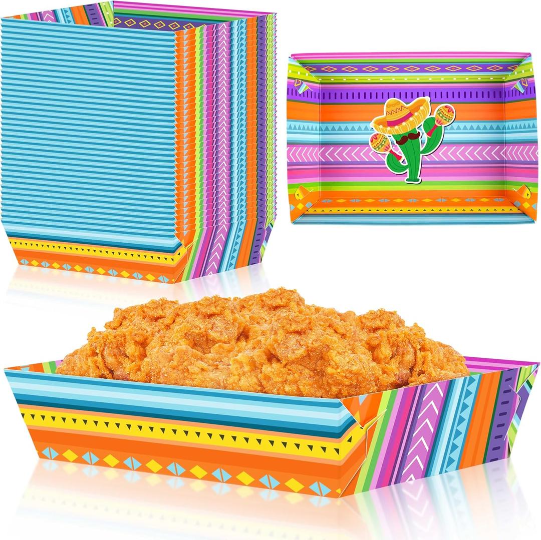50 Pack Cinco De Mayo Party Decorations - Paper Food Trays Mexican Disposable Serving Fiesta Plates for Birthday Supplies (Chroma)