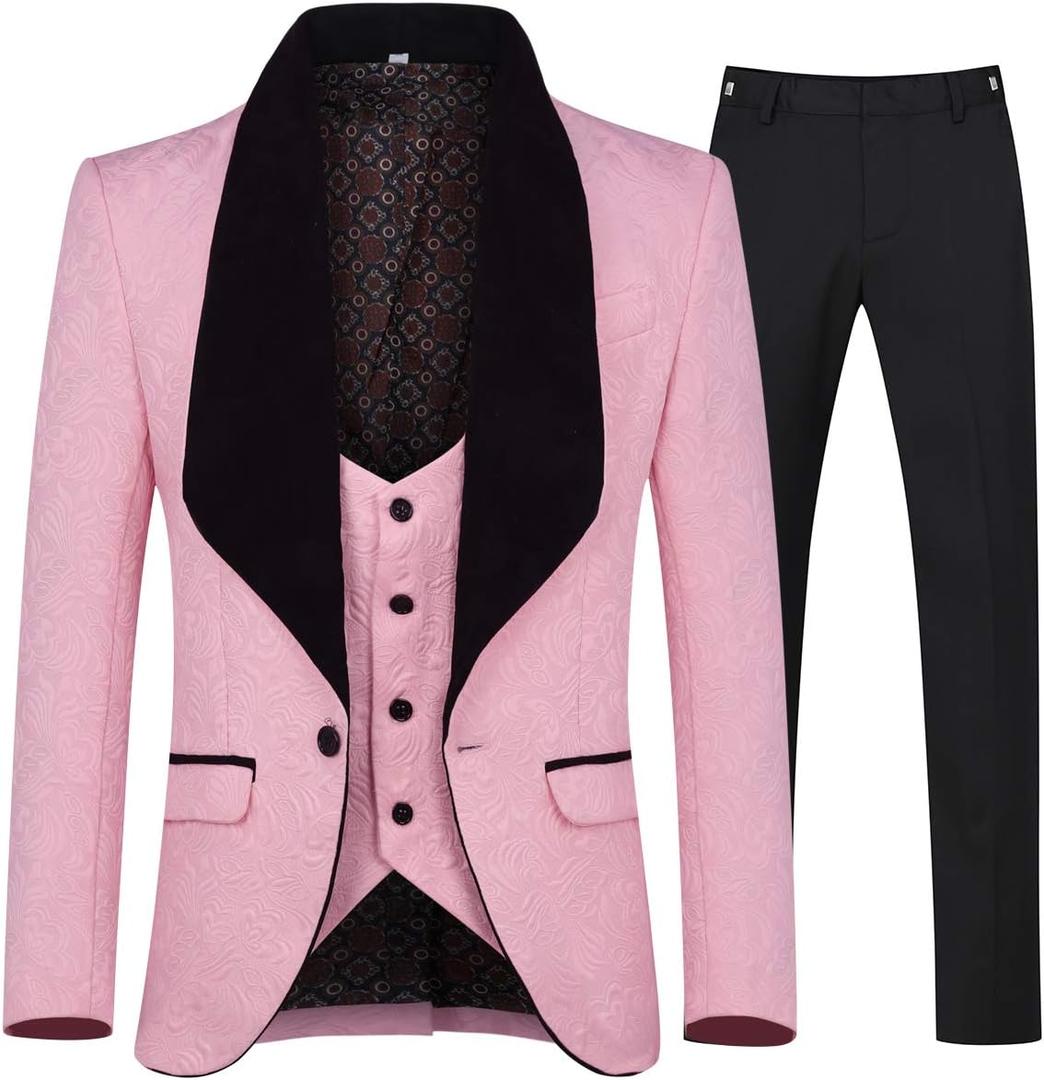 YFFUSHI Men's 3 Piece Suit Slim Fit Jacquard Tuxedo 1 Button Shawl Collar Blazer Vest & Pants for Wedding Formal Prom (Pink, L)