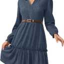 Jayscreate Women's Knit Ruffle Layered Dress Pocket 2025 High-Waisted Spring Fall V Neck Long Sleeve Business Work Dress (Large)