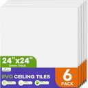 6Pcs 2ft x 2ft PVC Drop Ceiling Tiles, White Smooth Ceiling Panels 24x24in, Moisture Proof Fire-Rated Easy to Clean Reusable, No Sag No Breakage