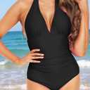 Women's One Piece Swimsuit Sexy Tummy Control Halter V Neck Bathing Suits (Black, M)