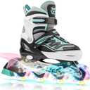 2PM SPORTS Cytia Pink Girls Adjustable Illuminating Inline Skates with Light up Wheels, Fun Flashing Beginner Roller Skates for Kids (Mint, Medium - Big Kid (13C-3 US))