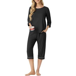 PrinStory Women's Pajama Set Capri Pjs Sets 2 Piece Soft Lounge Sets Sleepwear with Pockets (X-Large, Black)