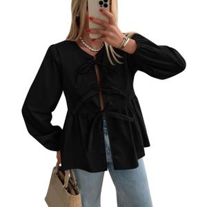 PRETTYGARDEN Women's Spring Fall Babydoll Peplum Blouse Shirt Puff Long Sleeve Bow Tie Front Trendy Cute Y2K Going Out Tops (Black, L)