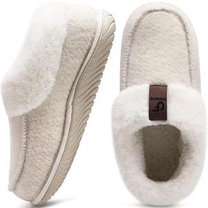 COFACE Women's Memory Foam House Slippers Arch Support Moccasin Winter Shoes Ladies Warm Fuzzy Faux Fur Collar With Indoor Outdoor Rubber Sole 9