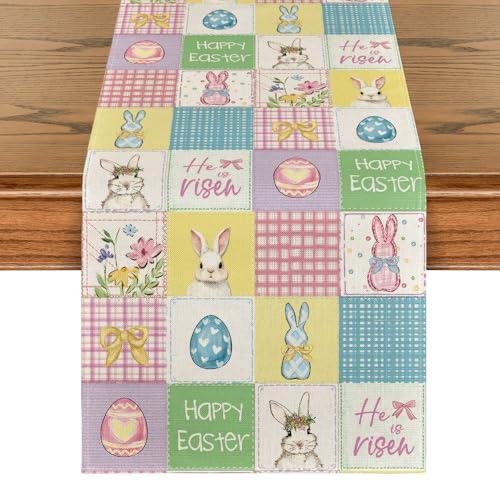 Artoid Mode Plaid Bunny Rabbit Eggs 210 GSM Happy Easter Table Runner, Seasonal Spring Kitchen Dining Table Decoration for Home Party Decor 13x48 Inch