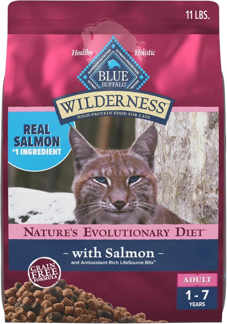 Blue Buffalo Wilderness Natural High Protein, Grain Free Dry Food for Adult Cats, Salmon, 11-lb Bag (EXP 11/04/27)