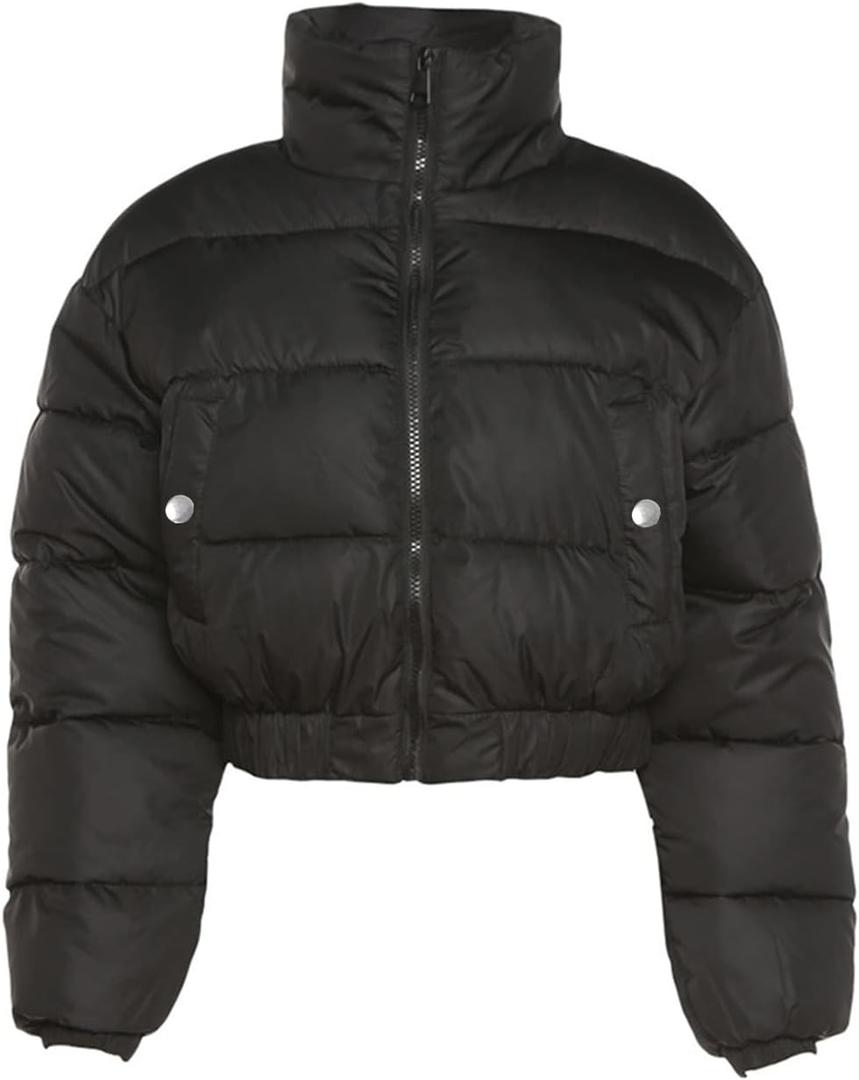 Gihuo Women' s Cropped Quilted Puffer Jacket Outerwear Coats (Medium, Black)