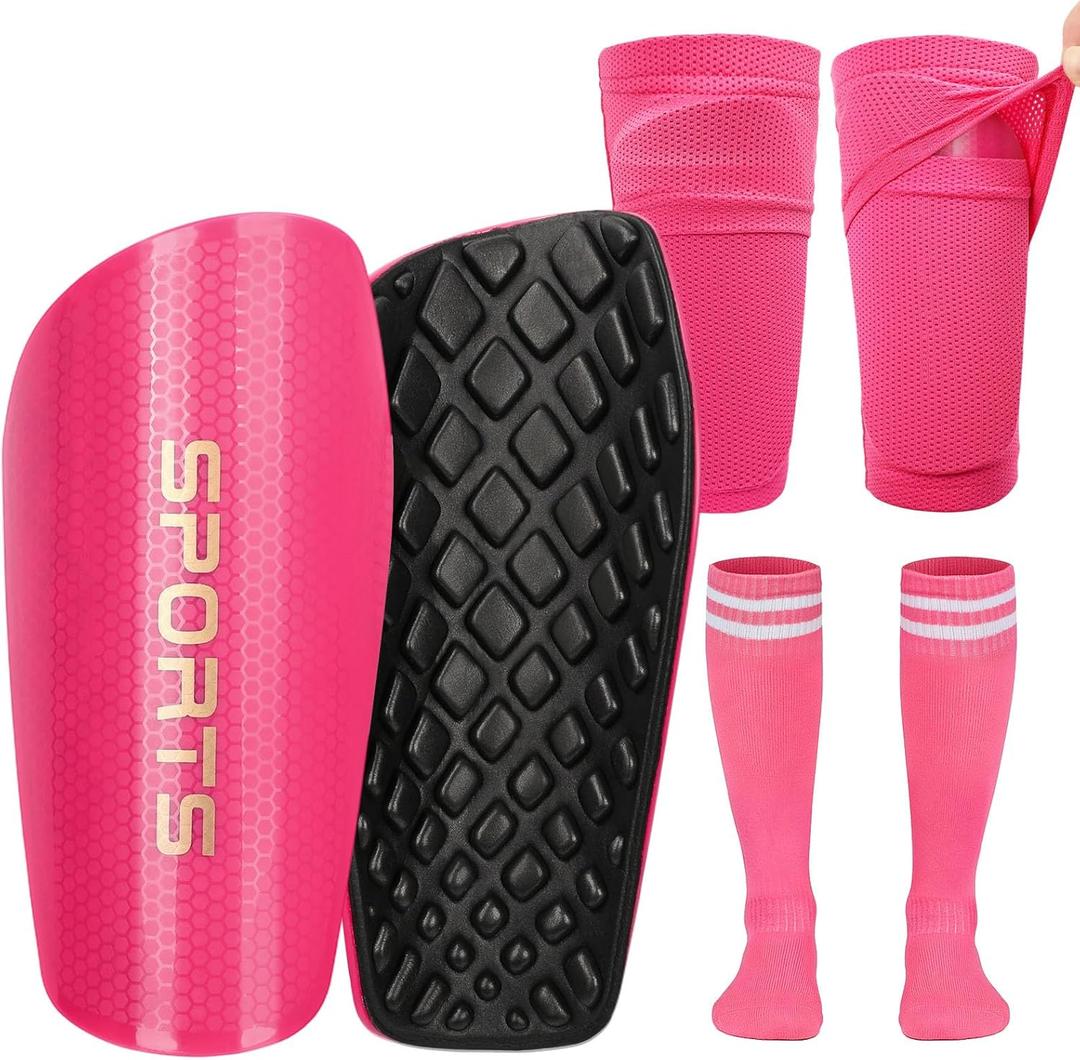 Soccer Shin Guards for Kids Youth, Toddler Shin Pads with Sleeves and Long Soccer Socks for Age 2-12 Boys & Girls Toddler Children Teenagers, Protective Lightweight Soccer Equipment (M5-8 years, pink)