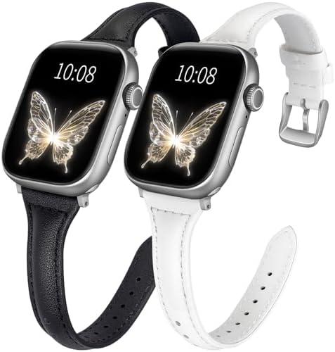 wkiss 2 pack Slim Leather Bands Compatible with Apple Watch Band 38mm 40mm 41mm 42mm 44mm 45mm 46mm 49mm Women,Top Layer Genuine Leather Strap for iWatch Series 10/9/8/7/6 5/4/3/2/1/SE/Ultra, Size: 49mm/46mm/45mm/44mm/42mm（Series 3 2 1）