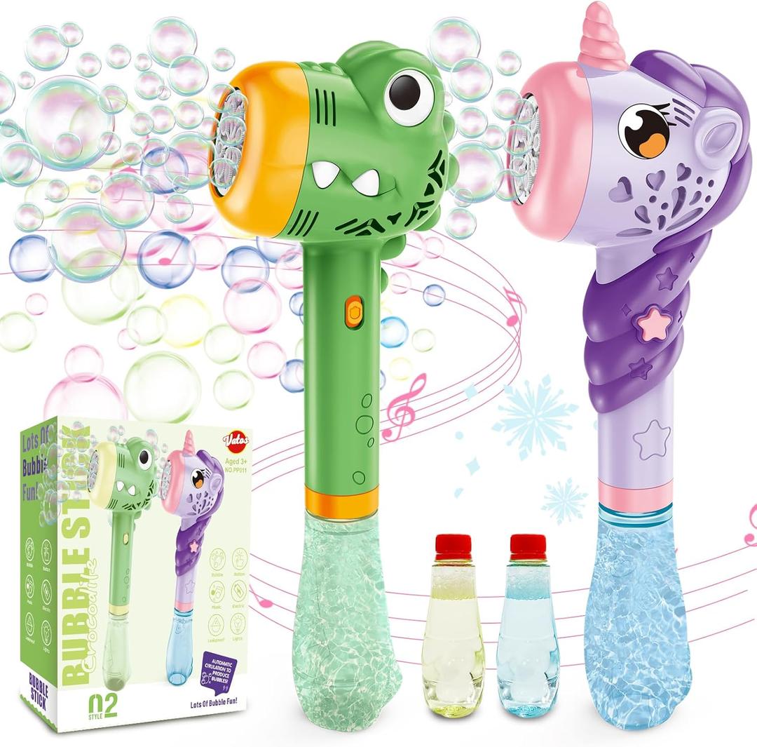 VATOS 2PCS Automatic Bubble Wands, Bubble Maker Gun with Light & Music for Girls Boys, Fantasty Bubble Maker Machine with 2 Bubble Refill Solution, Party Wedding Birthday Gift for Toddlers Kids