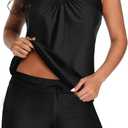 Aqua Eve Two Piece Women's Tankini Swimsuits Blouson Swim Tank Top with Shorts Modest Bathing Suits (Medium, Black)