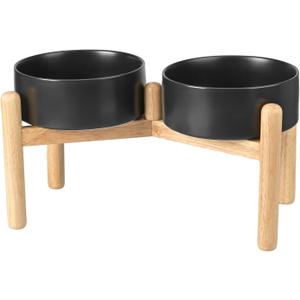 SPUNKYJUNKY Ceramics Elevated Dog Bowls with Wooden Stand Raised Dog Bowl for Medium Large Dog Food and Water Pet Feeding Bowl(Double 60OZ Bowls,Black)