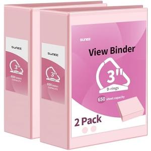 SUNEE 3 Ring Binder 3 Inch D Ring, Clear View Binder Three Ring PVC-Free (Fit 8.5x11 Inches) for School or Office Supplies, Pink, 2 Pack