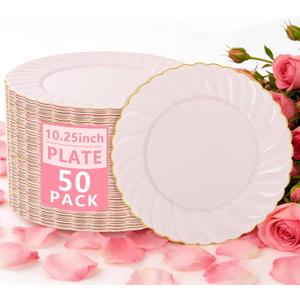 YOUBET 50 Pack Pink Scalloped Plastic Plates - 10.25 Inch Pink Disposable Plates - High End Elegant Vintage Dinner Plate for Party & Weeding & Birthday Valentines Day