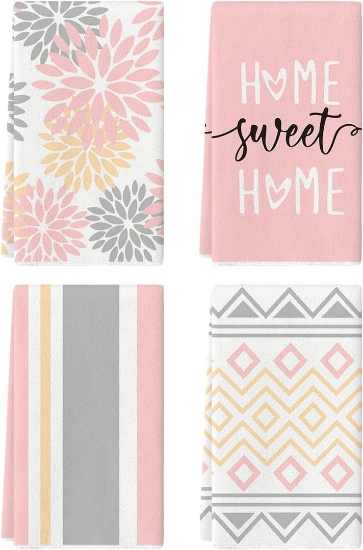 Artoid Mode Pink Stripes Home Sweet Home Boho Kitchen Towels Dish Towels, 18x26 Inch Wedding Decoration Hand Towels Set of 4