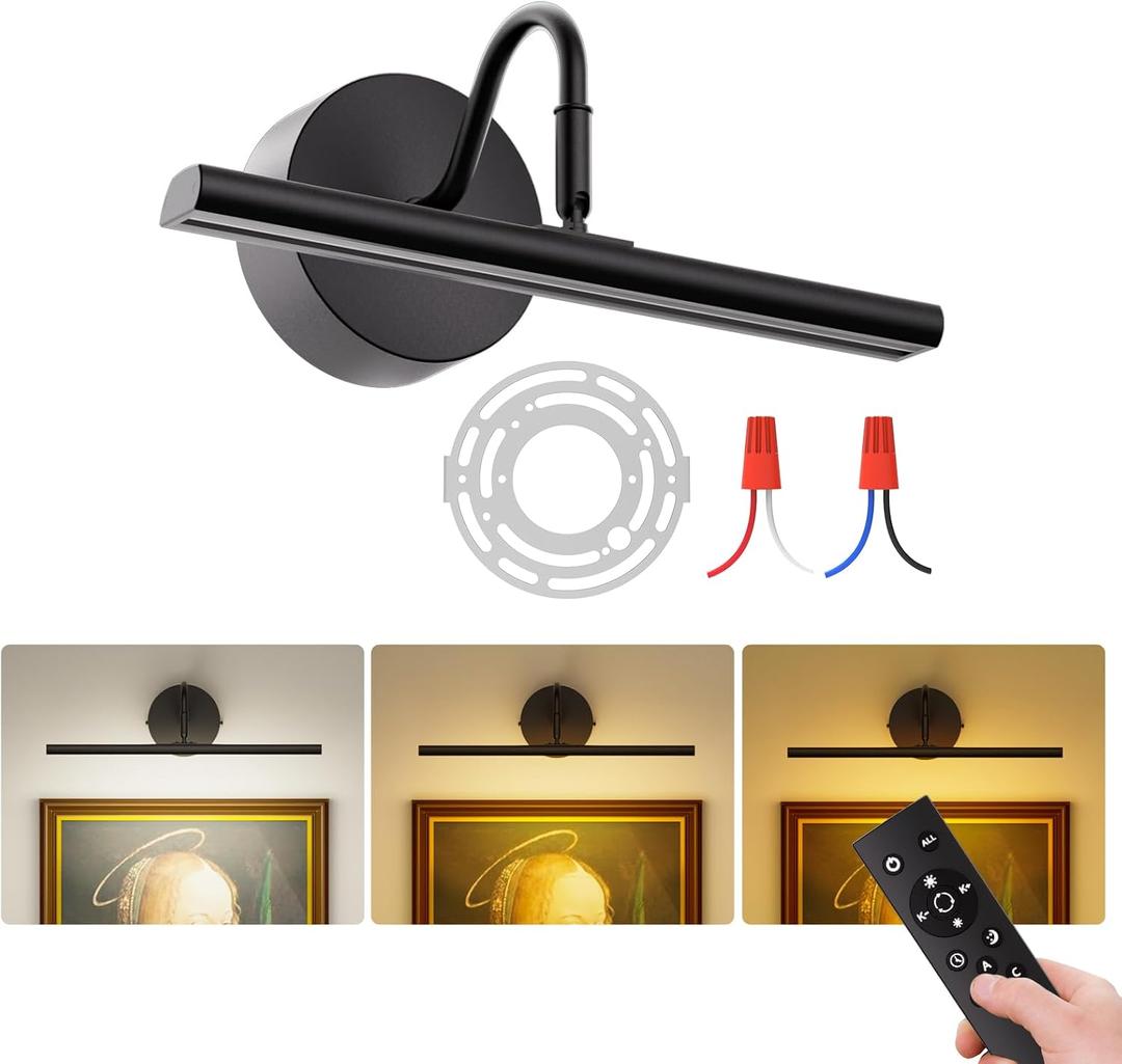 Hardwired Picture Light 12" LED Wall Art Light with Remote, 3CCT Dimmable Picture Lights for Wall, Gallery Art Lamp for Paintings Poster Light, 2700K-6500K Warm Nature White, 12W, Black