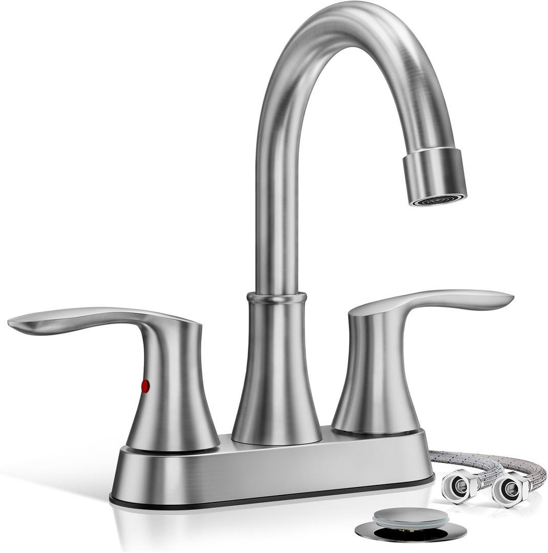 Phiestina 4 Inch 2 or 3 Hole Brushed Nickel Bathroom Sink Faucet RV Swivel 2 Handle Centerset Bath Vanity Faucet, with Water Supply line & Metal Pop-up Drain,TY36-BN