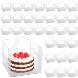 LOYIM 32 Pcs 6x6x5 Inch Clear Cake Box Easter Treat Box with Handles Transparent Bakery Boxes Mini Cupcake Carrier with Lid Plastic Gift Containers for Easter Cake Chocolate Dessert Birthday Party