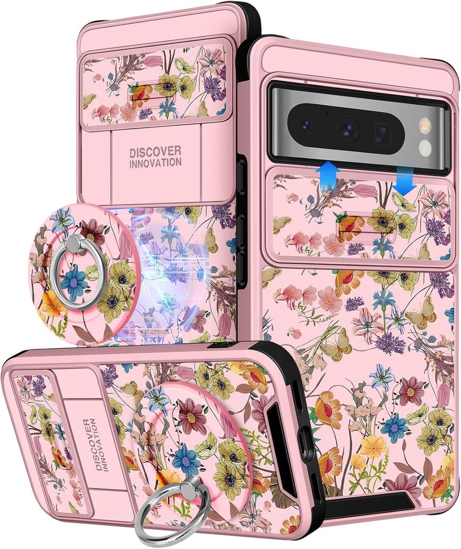 Buleens for Google Pixel 8 Pro Case 6.7 Inch - with Ring Stand & Camera Cover Aesthetic Cute Designed for Women Girls Pretty Girly Floral Butterfly for Pixel 8 Pro Phone Case Compatible with Magsafe (Pink Flowers)