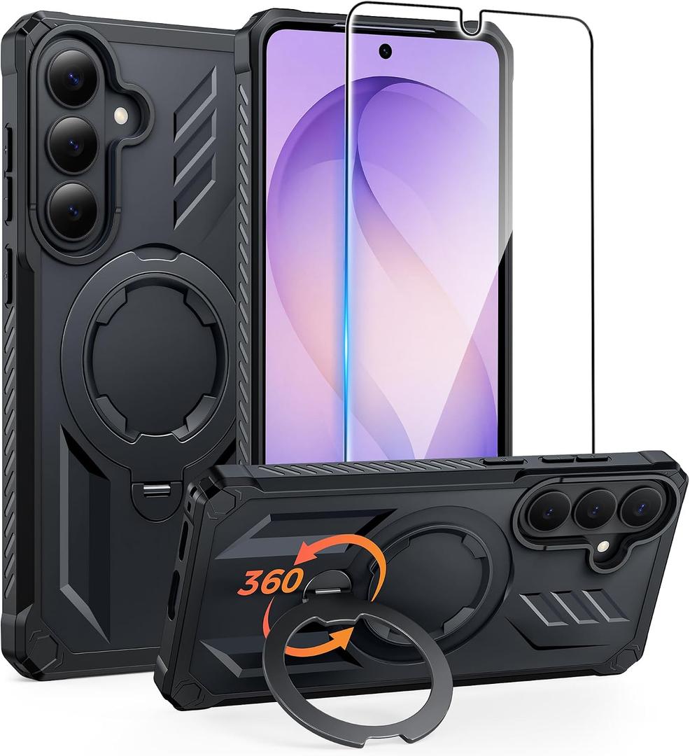 FNTCASE for Samsung Galaxy S26 Case: with [Magnetic Ring Kickstand] [Screen Protector] [Compatible with MagSafe] [Military-Grade Drop Protection] Dual-Layer Protective Textured TPU Phone Cover Black