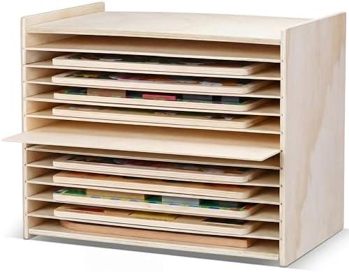 Beeveer Wooden Puzzle Storage Rack Wood Tabletop Puzzle Holder with Adjustable Drawers 12-Layer Jigsaw Stand Shelf Rounded Edge Storage Cabinet for Raised Flat Paper Craft Supplies
