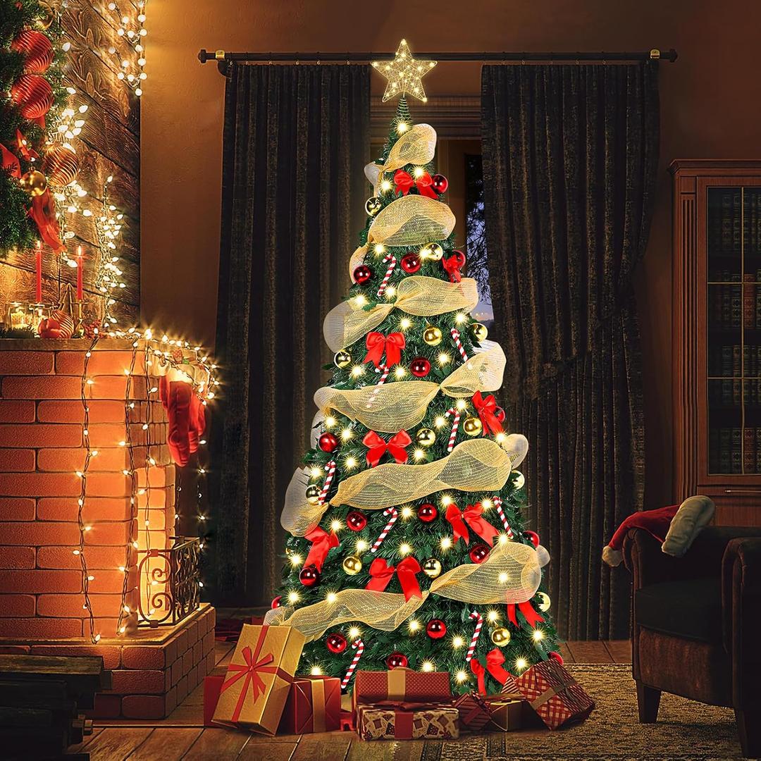 6Ft Prelit Pop Up Christmas Tree Decoration, Collapsible Artificial Xmas Tree with Ornaments, Pre Decorated with 150 Warm Lights, Gold Ribbons & Bows, Indoor/Outdoor Holiday Decor with Storage Bag