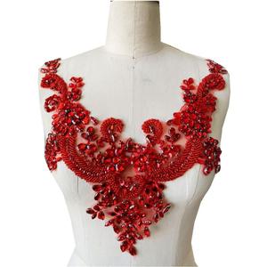 Handmade Rhinestones lace Applique handsewing Beads Trim Patches Neckline for Dress Clothes Accessory (Red)