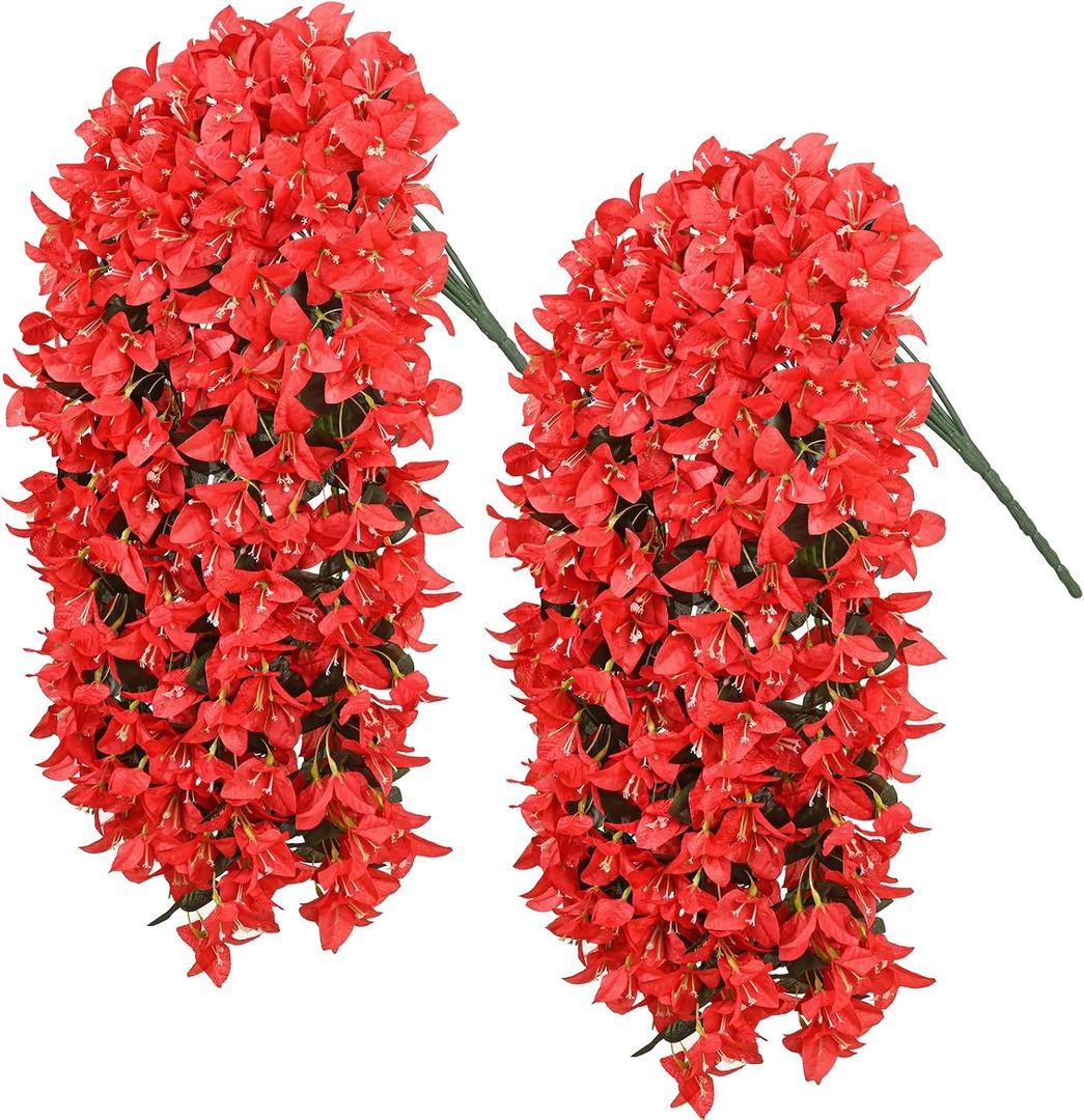 2Pcs Artificial Flowers for Outdoors - Red Realistic Faux Silk Bougainvillea Flowers, Fake Hanging Plants for Porch Patio Balcony Decoration