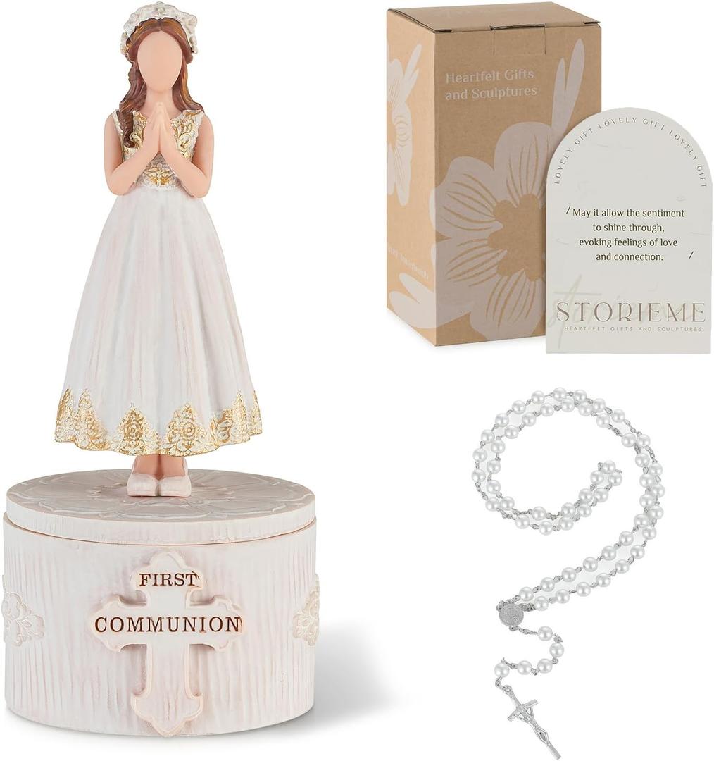 Storieme First Communion Gifts for Girls: 1st Holy Communion Decorations Keepsake Box with Rosary Cross Bracelet - Christian Religious Catholic Present for Baptism Confirmation